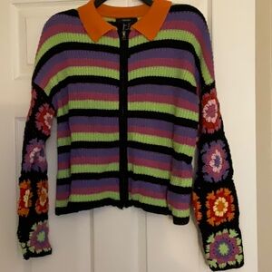 Forever 21 Striped knit flower knit sleeves zip up cardigan.